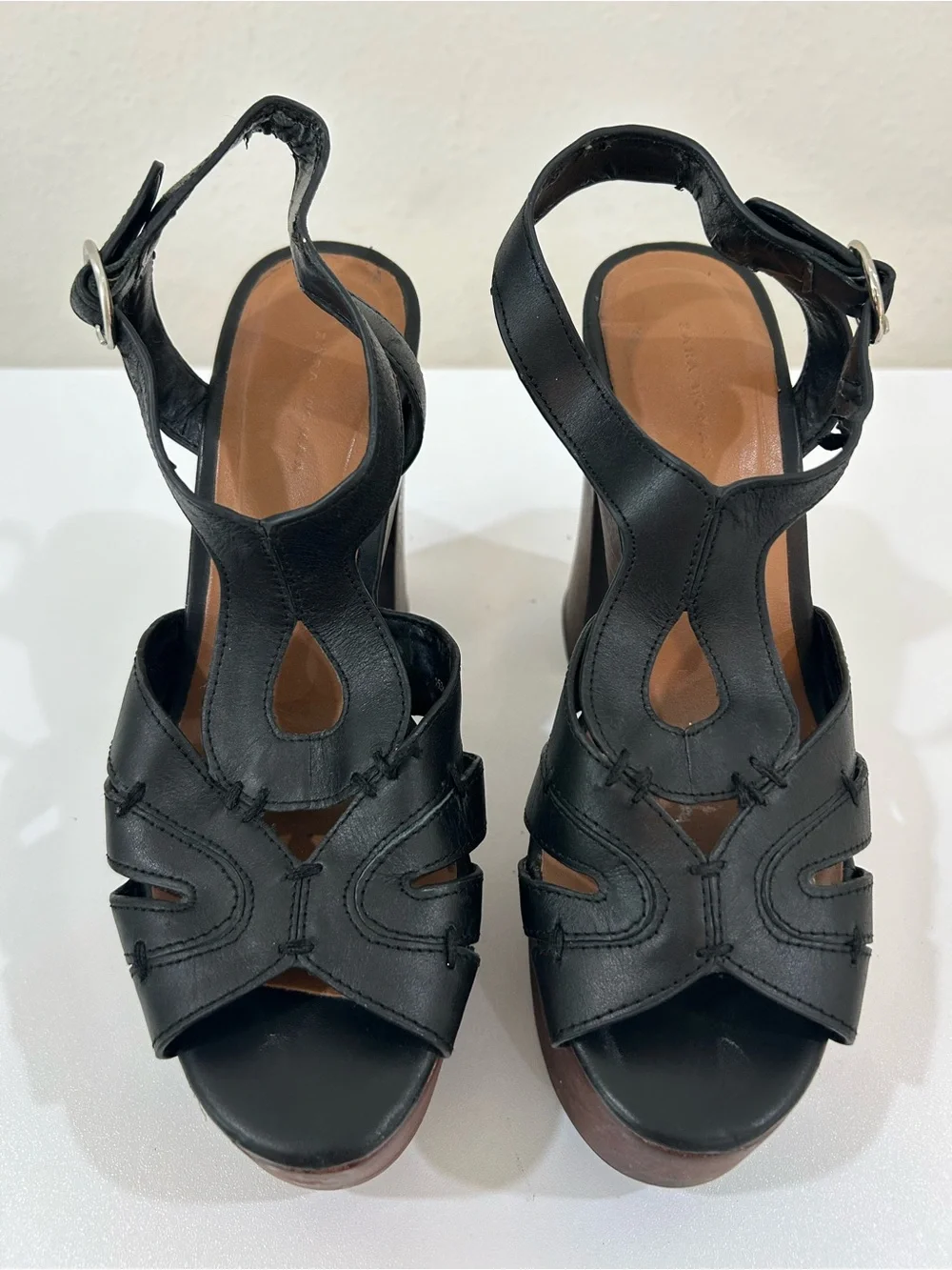 Zara Woman Black Leather Platform Sandals with Wood Block Heel, Sz EU 37, US 6.5